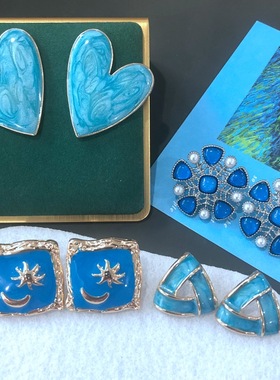 西洋蓝宝果冻万年经典海蓝色珐琅中古银针耳钉耳饰