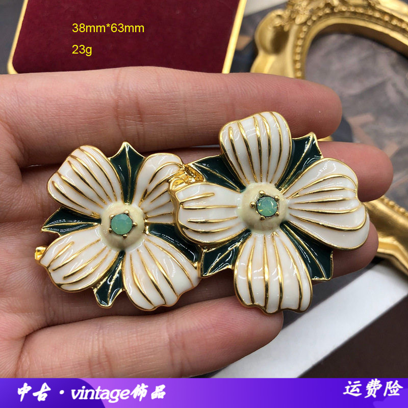 中古西洋珐琅釉电镀真金花朵胸针