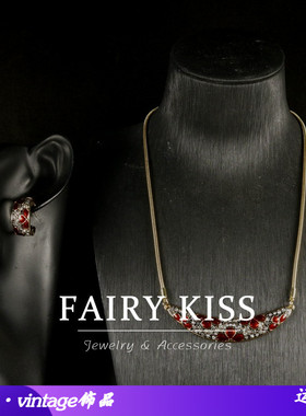 中古项链耳环套装红色花朵珐琅镶钻经典C圈耳钉月亮项链简约饰品