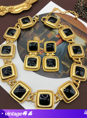 西洋重工中古项链耳环经典黑色珐琅釉镀真金雾金耳钉耳夹全新OM