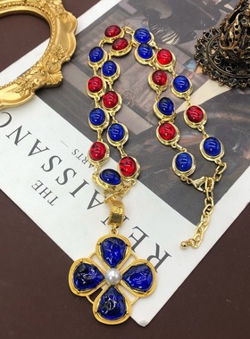 欧美复古彩色琉璃项链蓝色四叶花吊坠项链轻奢高级设计项毛衣链