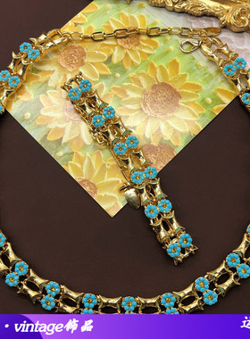 法式小清新蓝色花朵镀真金项链中古西洋双层编织颈链手链套装全新