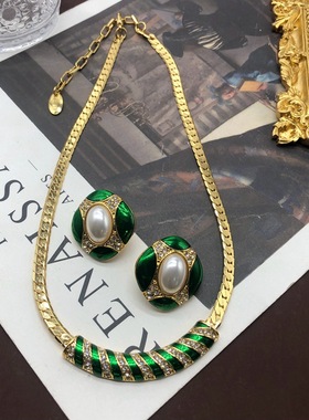 文艺复古绿色珐琅釉镀真金款铜链