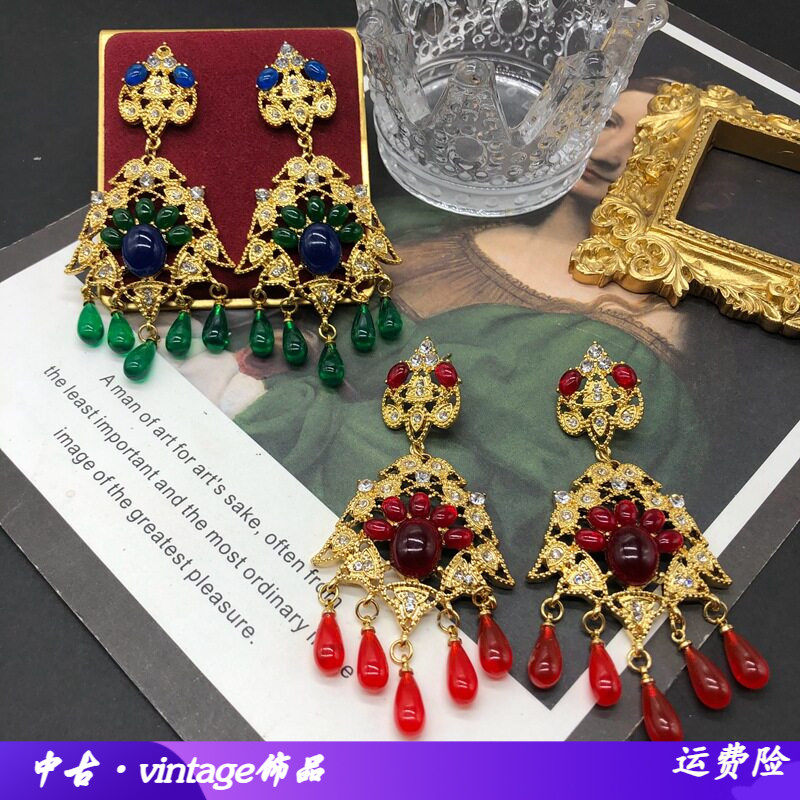 复古宫廷风镀真金镶钻耳饰带坠水