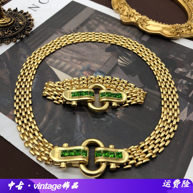 西洋中古镶钻重工马蹄扣宽链几何造型手链锁骨链高级感设计饰品