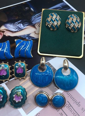 神秘蓝色电镀真金珐琅宝石钻中古银针耳钉优雅港风法式耳饰