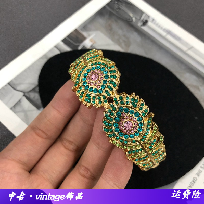 法式轻奢电镀真金彩色莱茵宝石开口弹簧羽毛造型百搭气质手镯全新