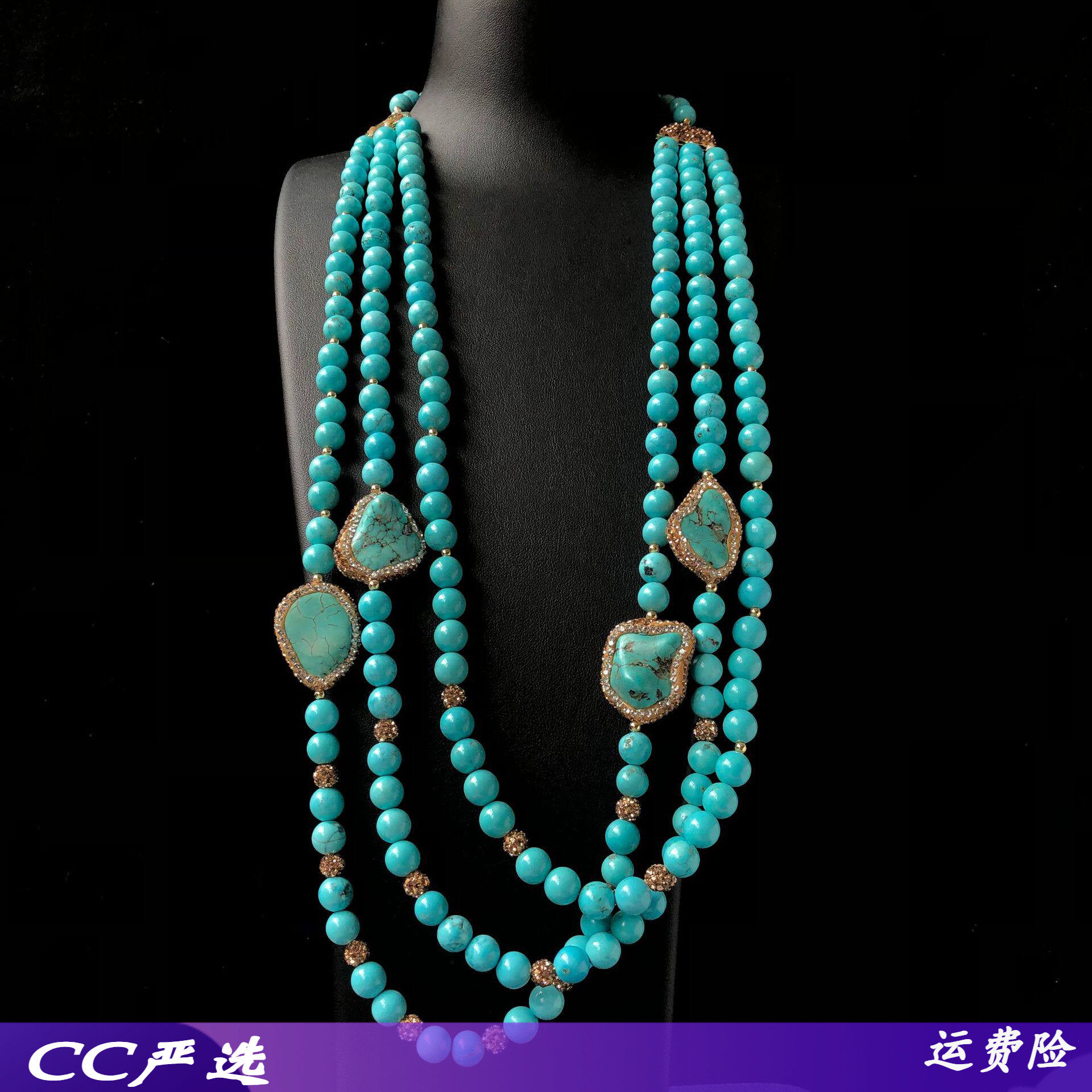 绿松石项链多层重工设计中古风项链女士S925银尾链扣头手工编织款