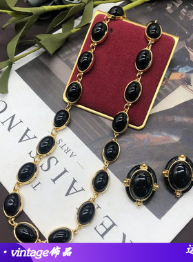 中古vintage饰品经典黑色珐琅釉耳环颈链毛衣链百搭套装