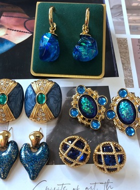 中古款电镀真金雕刻花纹直播货源蓝色琉璃宝石珐琅釉银针耳钉