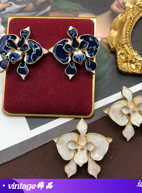中古vintage耳环神秘蓝色白色粉色珐琅釉双层花朵立体耳钉耳夹