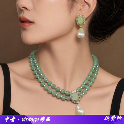宫廷风绿色石头串珠水滴项链耳环