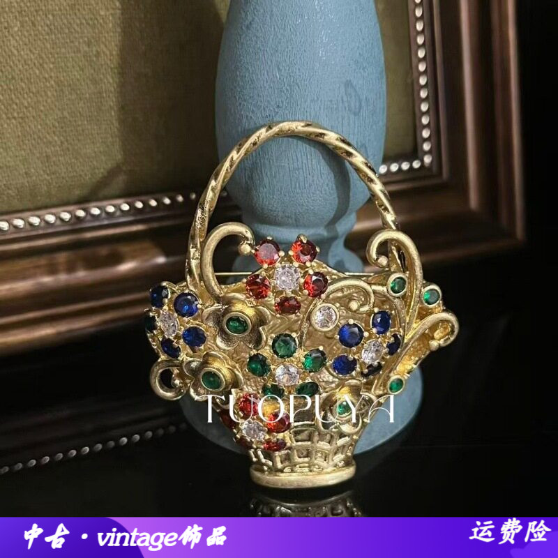 中古复古宫廷风金色花篮镶彩钻胸