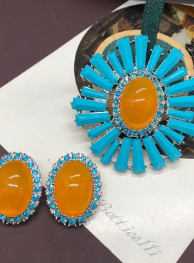 复古时尚奢华饰品镶蓝色长条钻桔色胸针耳钉中古vintage饰品套装