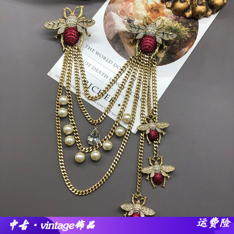 优雅时尚气质铜材质复古做旧金小蜜蜂流苏吊坠胸针别针中古首饰