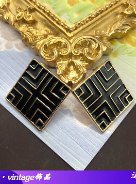 复古港风百搭耳饰黑色珐琅釉经典方形耳钉金色条纹气质耳钉