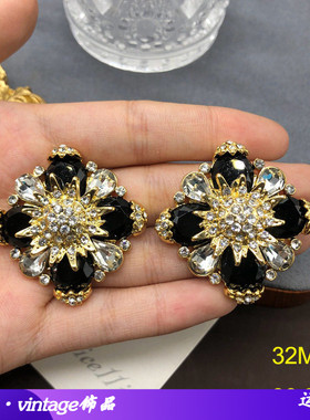 复古镀真金耳环经典黑色镶莱茵宝石钻高雅气质优雅耳钉耳夹