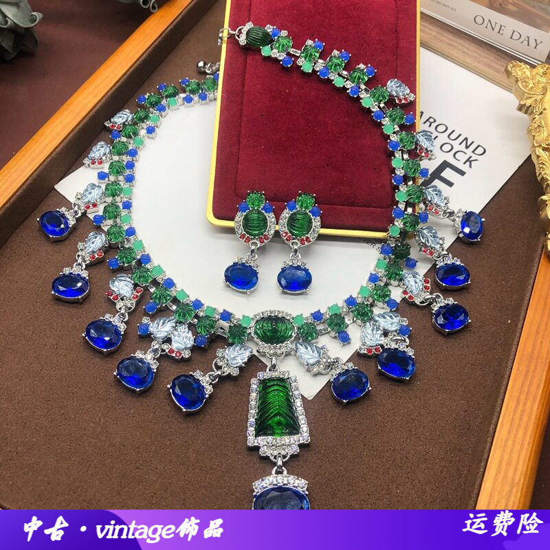 西洋中古重工蓝色莱茵石宝石链项