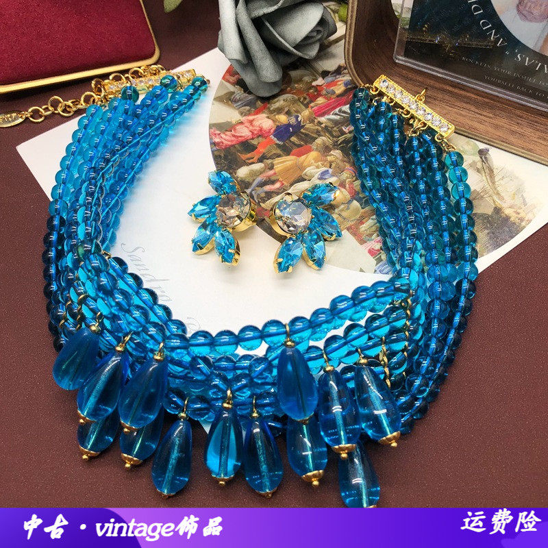 欧玛拉天蓝多层琉璃珠项链耳耳钉
