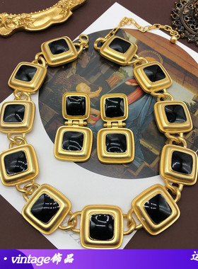 新款 西洋重工中古项链耳环经典黑色珐琅釉镀真金雾金耳钉耳夹