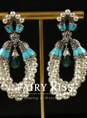 新款大耳环法式石镶嵌珍珠手工度假风珐琅蓝色女耳环耳钉耳饰