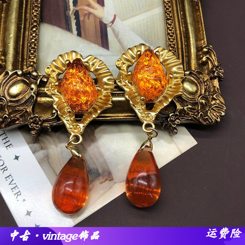 中古时尚复古风耳饰水滴琉璃吊坠
