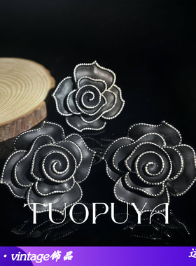 时尚经典手工珐琅黑色山茶花耳钉套装气质百搭开口戒指