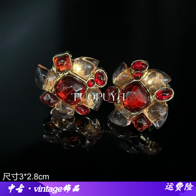 红色宝石镶嵌耳夹小众轻奢海洋风