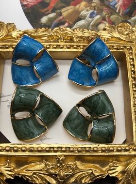 法式港风耳饰蓝色绿色珐琅釉不规则银针耳钉百搭优雅气质耳环