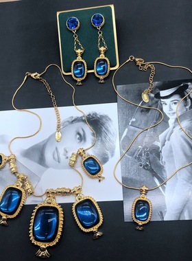 电镀真金熔岩效果中古蓝色银针耳钉复古铜链子项链