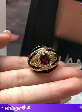 中古vintage戒指镶钻玫紫色宝石高级典雅戒指黑色珐琅釉经典百搭