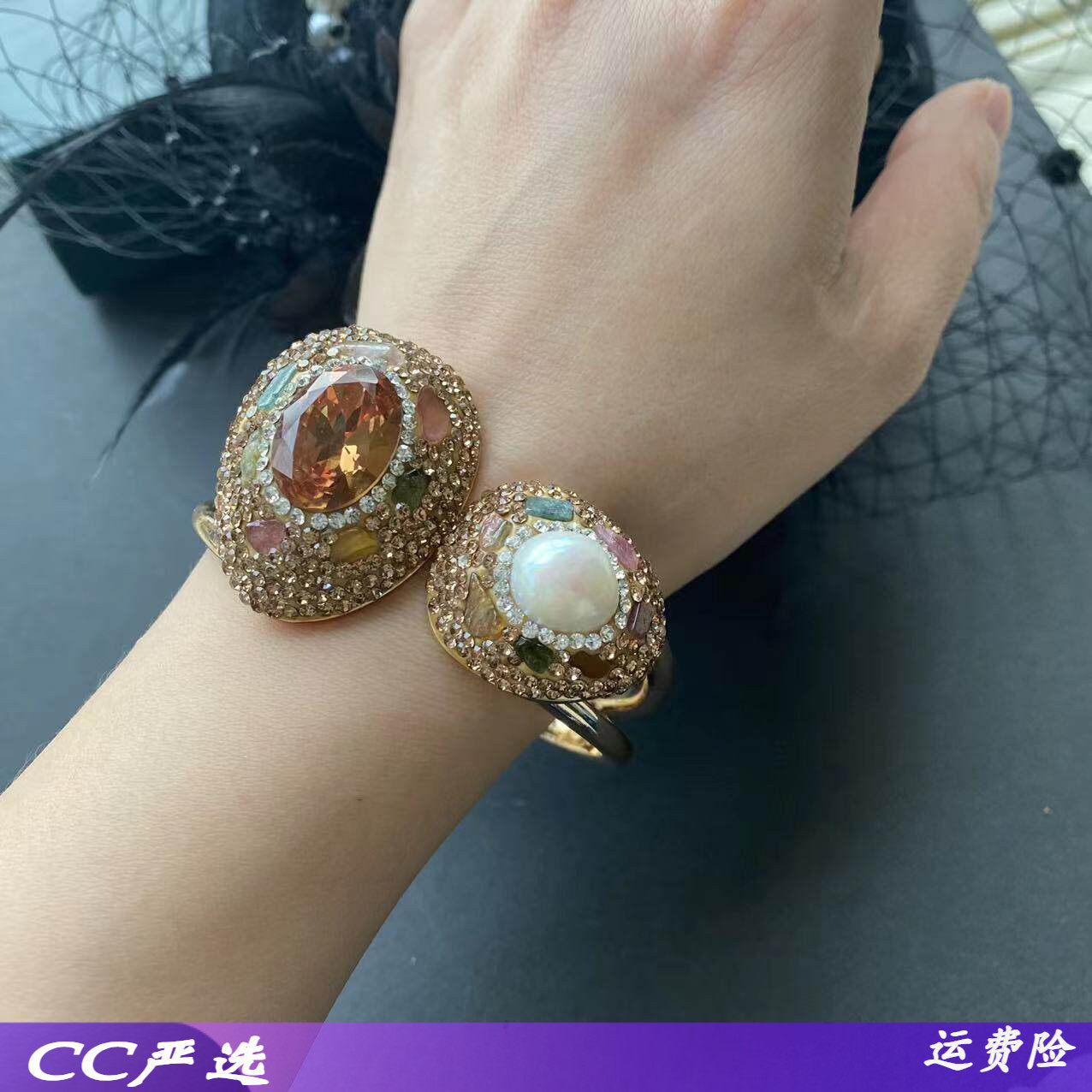 天然巴洛克珍珠+苏丹石合金碧玺手镯设计大众款手环欧美复古风