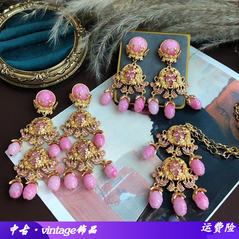 厂家直播货源粉色扫肩耳钉耳夹项链电镀真金重工中古耳环毛衣链OM