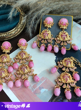 厂家直播货源粉色扫肩耳钉耳夹项链电镀真金重工中古耳环毛衣链OM