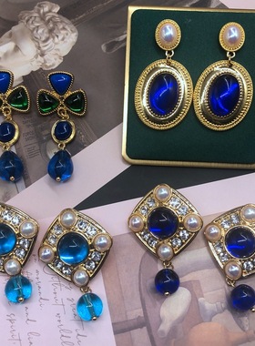 中古银针耳钉电镀真金经典蓝色多宝石钻马彩贝珍珠鎏金耳环