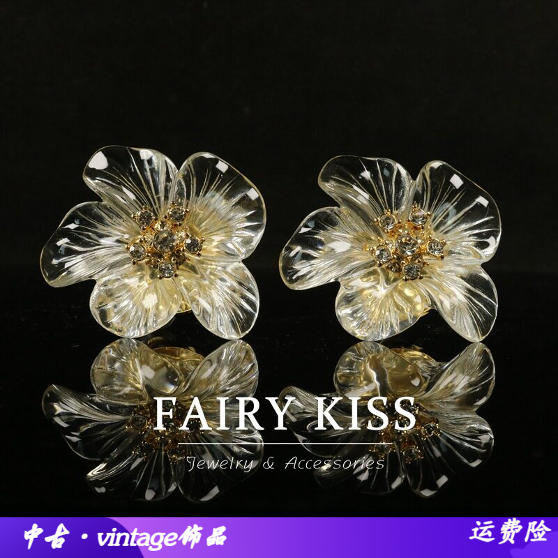 中古高级感透明花朵耳夹冰感镶钻