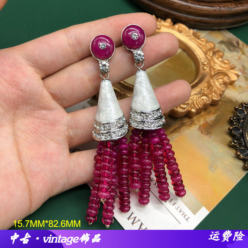中古耳饰紫色算盘石头珠精致长款