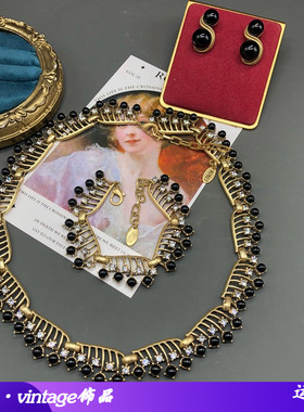 复古vintage做旧金镂空设计黑色琉璃珠宝石镶嵌项链手链耳钉套装