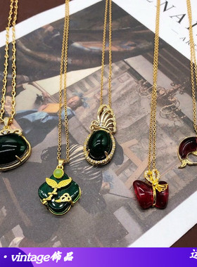 小众轻奢项链复古董雕刻花纹镶钻