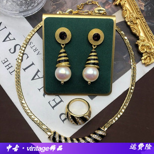 复古经典黑金系列项链镀真金镶宝石钻铜链项链珍珠耳环戒指套装女
