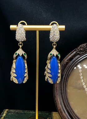 vintage中古回流做旧金耳饰高级蓝色水滴密镶钻创意设计耳拍耳钉
