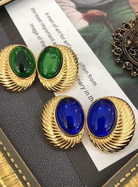 西洋中古耳饰电镀真金蓝色绿色琉璃银针耳钉耳夹法式小众轻奢耳环