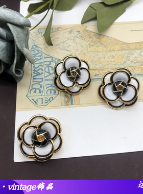 田园风小清新黑白色花朵山茶花耳夹耳钉别针黑白立体花朵滴油别针