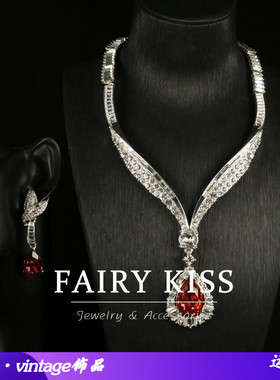 中古重工镀银闪亮镶嵌锆石红色水滴莱茵石坠欧美创意V领