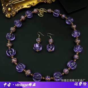 秋冬新款紫色琉璃耳环南瓜珠穆拉诺项链高级感优雅时尚琉璃耳环