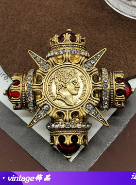 红色琉璃中古西伯利亚人头像胸针做旧金属复古镶宝石胸针别针