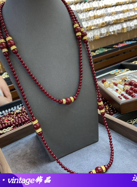 复古轻奢5m-12m安哥拉红色串珠超长项链镶钻黄铜格珠秋冬款毛衣链