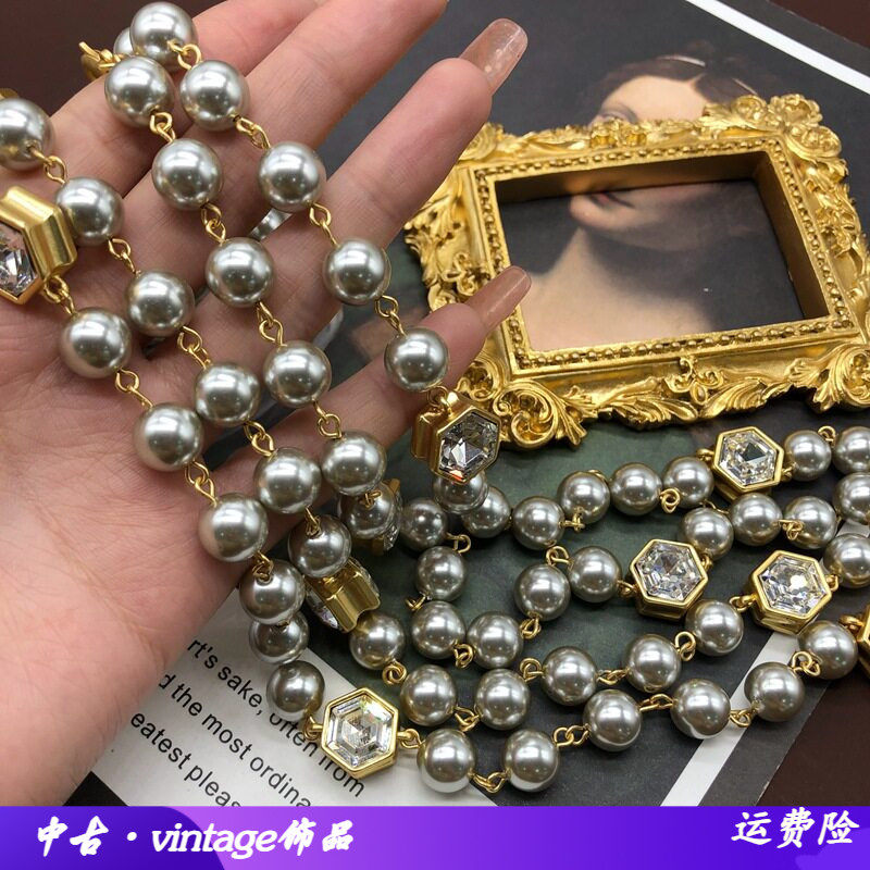 中古宫廷风镀真金切面玻璃坠项链毛衣链灰色琉璃珍珠长款短款项链