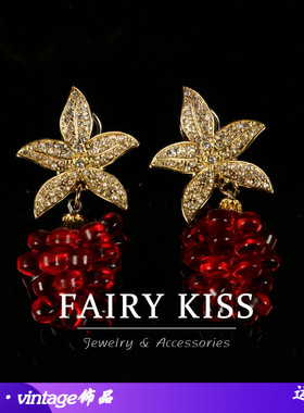 中古新款时尚耳环新年红色耳钉耳夹镶钻镀真金女款轻奢耳饰