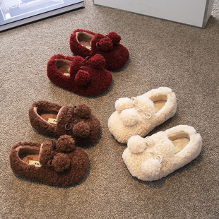 女童毛毛鞋红色宝宝二棉鞋子公主鞋2024冬季款儿童小童豆豆鞋加绒